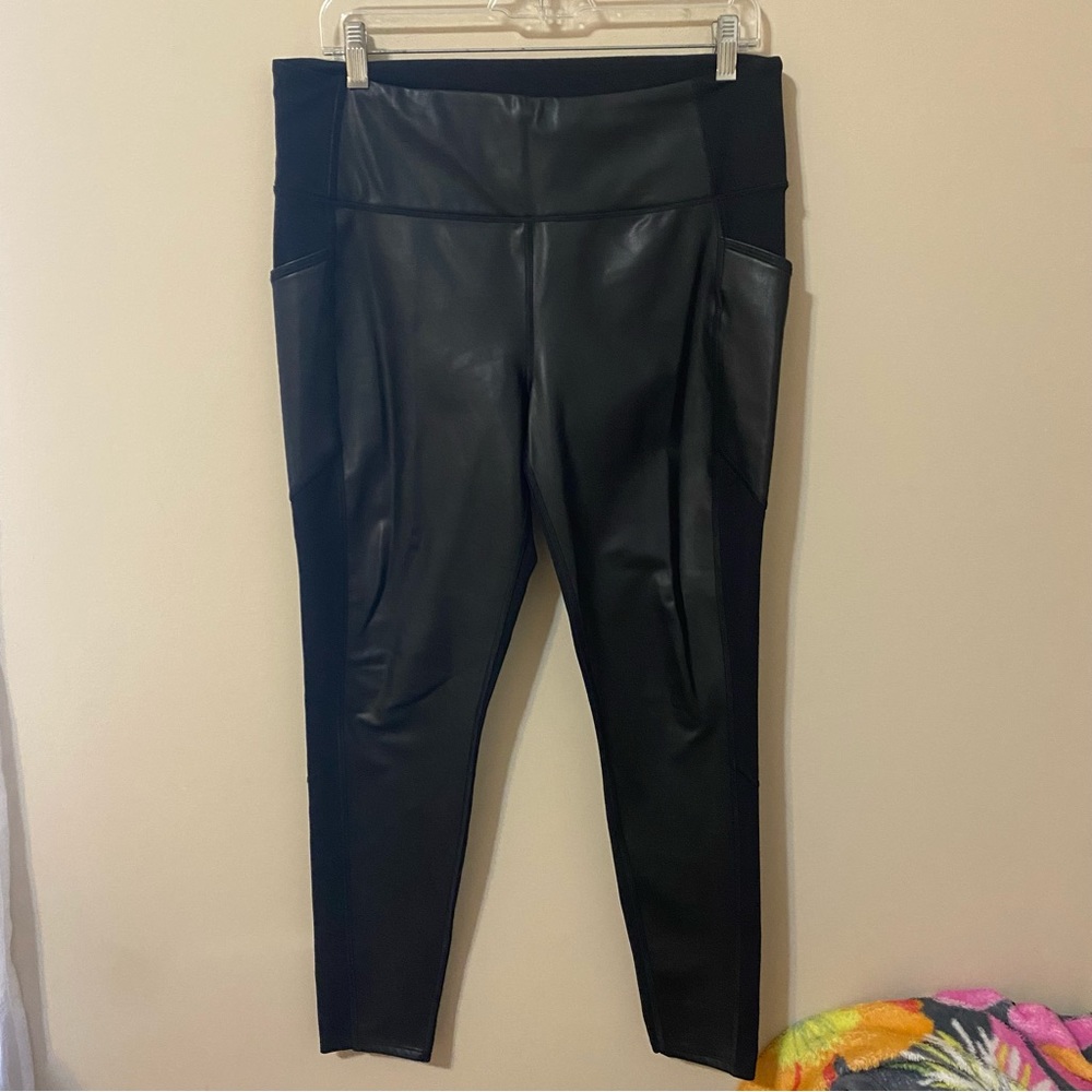 ATHLETA “Gleam” Stash Pocket Full-Length Leggings with Leather Front High Waist